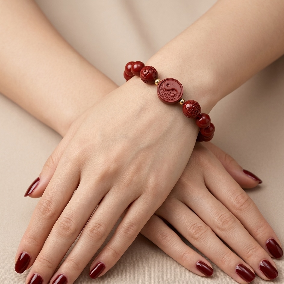 Close-up of a hand wearing a red beaded bracelet on a beige background