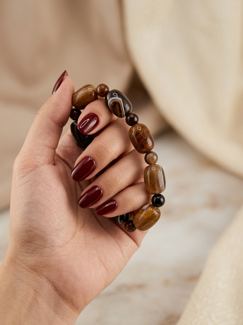 Hand wearing a bracelet with brown beads on a neutral background