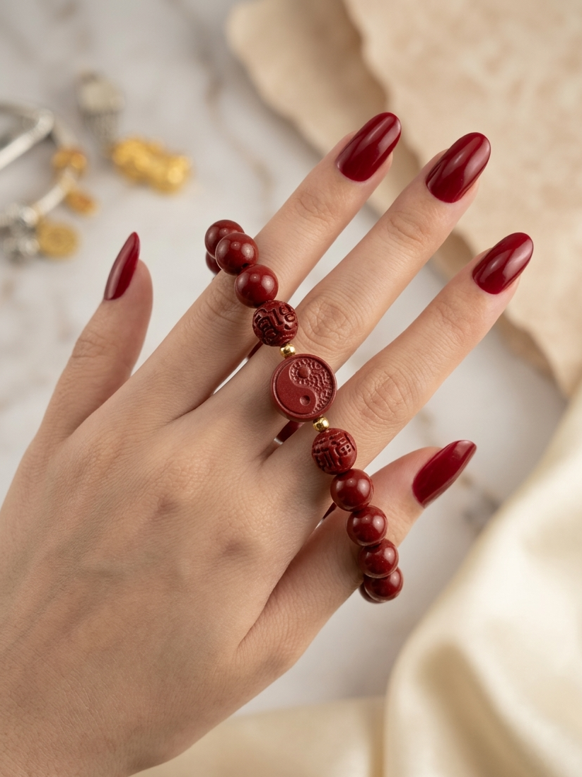 Hand wearing a red beaded bracelet with a red nail polish on a neutral background
