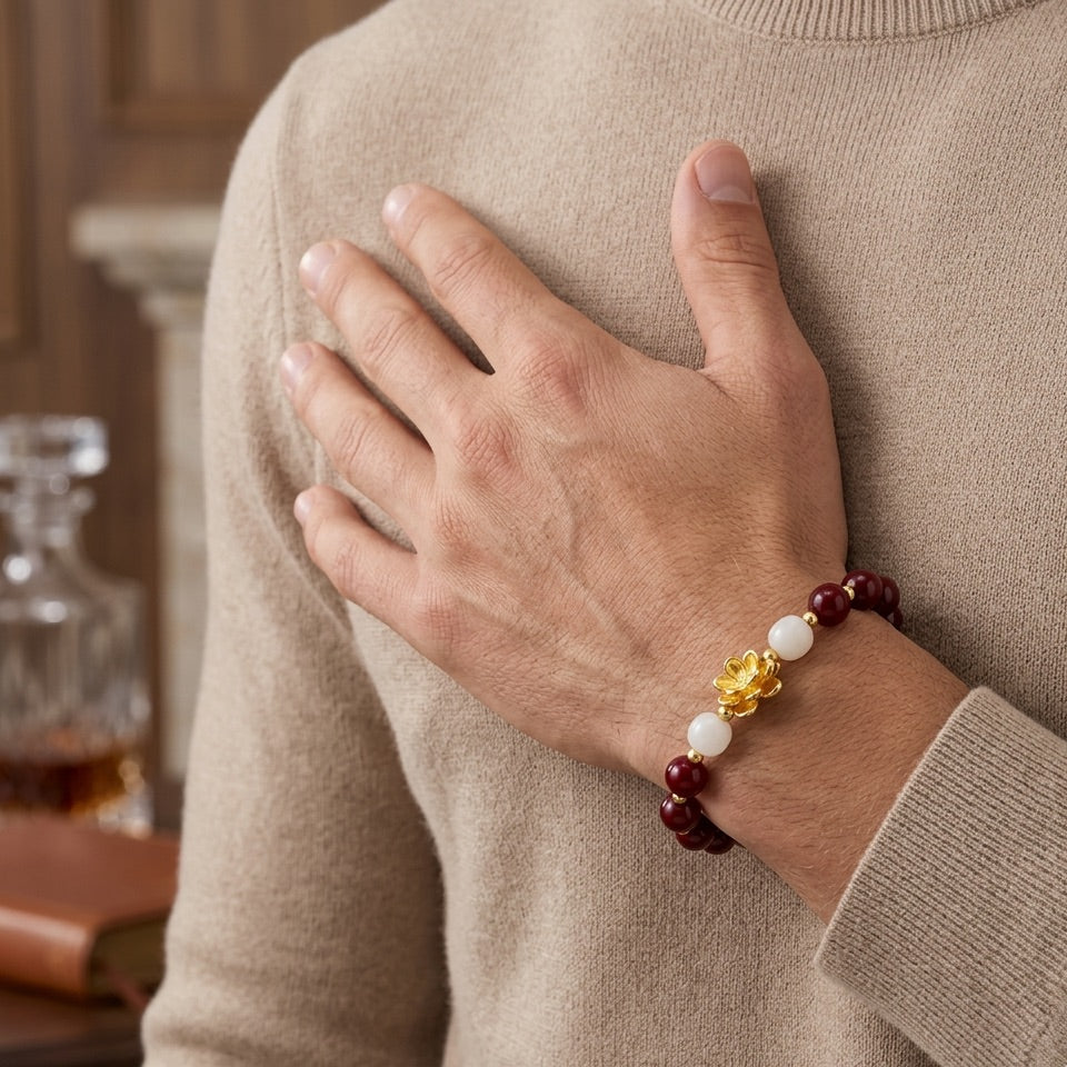 Person wearing a beaded bracelet with a blurred background