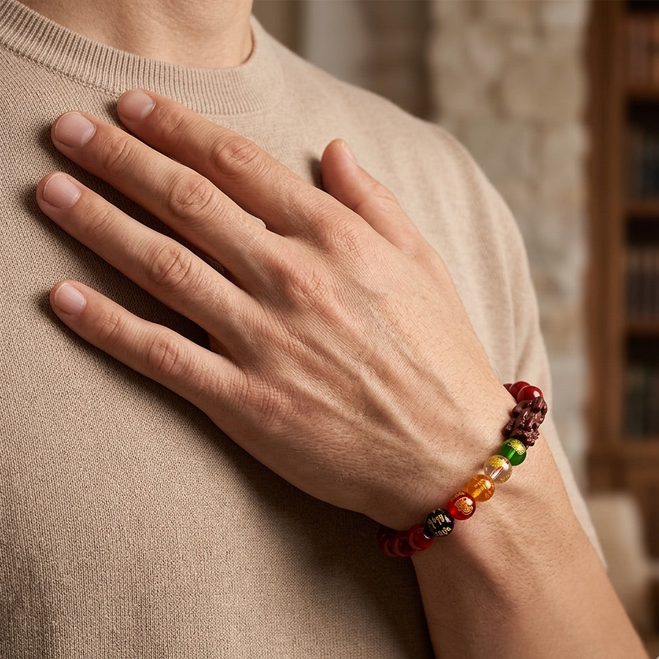 Person wearing a colorful beaded bracelet on a neutral background