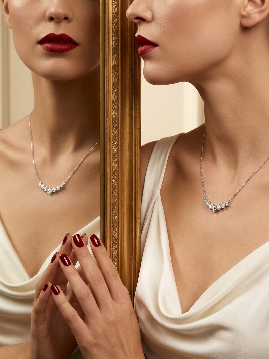 A close-up lifestyle shot of a model wearing a delicate silver necklace with a curved row of clear gemstones. The image features a split composition with the model's face and reflection in a gold-framed mirror, showcasing the necklace against her skin.