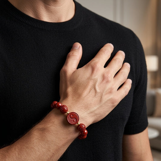 Person wearing a red beaded bracelet on a blurred indoor background