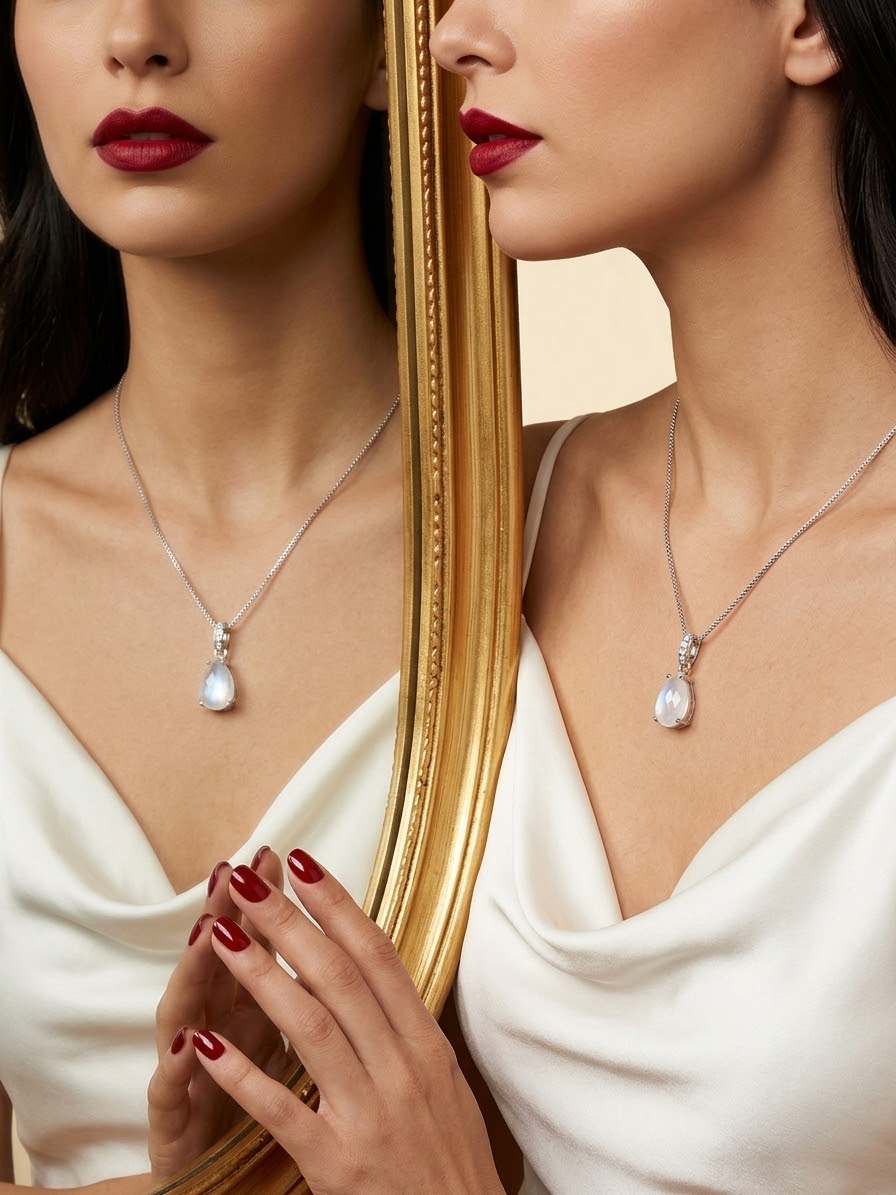 A close-up lifestyle shot of a model wearing a silver teardrop pendant necklace with a white pearl-like drop, shown alongside her reflection in a gold-framed mirror. She is wearing a white satin top and dark red lipstick.