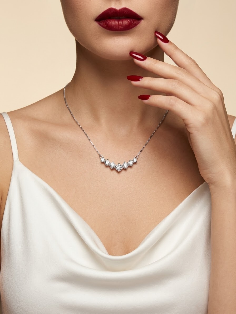 A close-up of a model wearing a delicate silver necklace with a small cluster of clear gemstones at the center, styled with a white satin top and dark red lipstick.