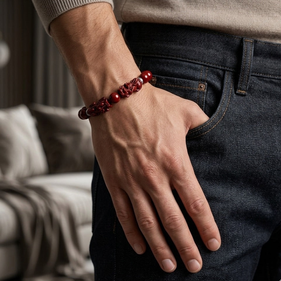 Hand wearing a red beaded bracelet with a blurred indoor background