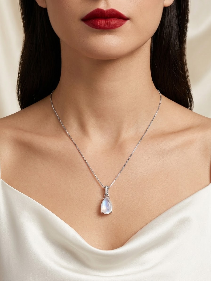 A close-up of a model wearing a delicate silver chain necklace with a teardrop-shaped light blue pendant, paired with a white satin top.