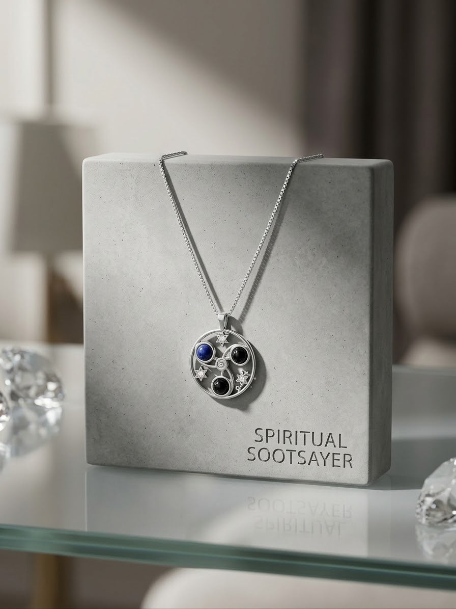 A silver pendant necklace with a circular design featuring black and blue stones, displayed on a textured gray box printed with the brand name 'SPIRITUAL SOOTSAYER'.