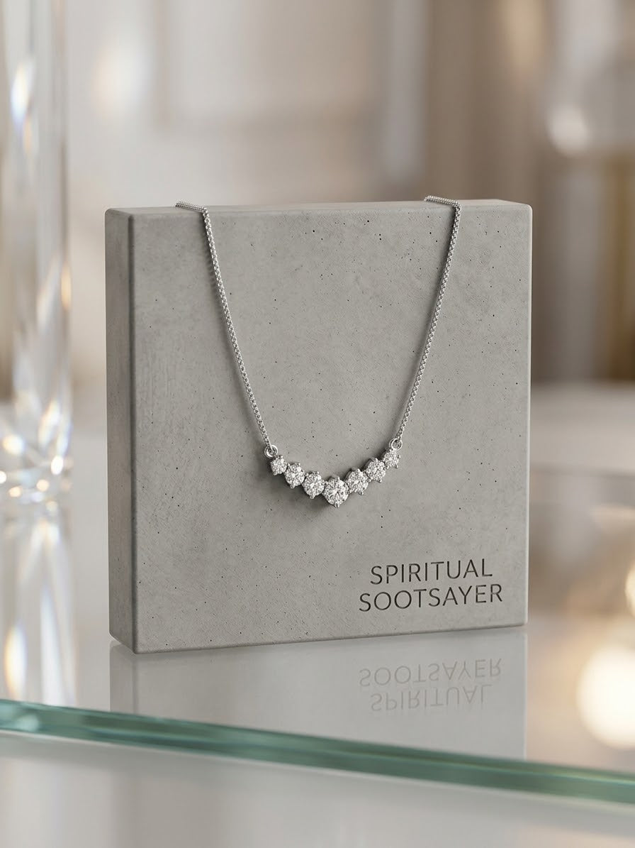 A silver necklace with a curved row of clear gemstones displayed on a textured gray jewelry box. The box is printed with the brand name 'SPIRITUAL SOOTSAYER' and is set against a softly blurred, warm-toned background.