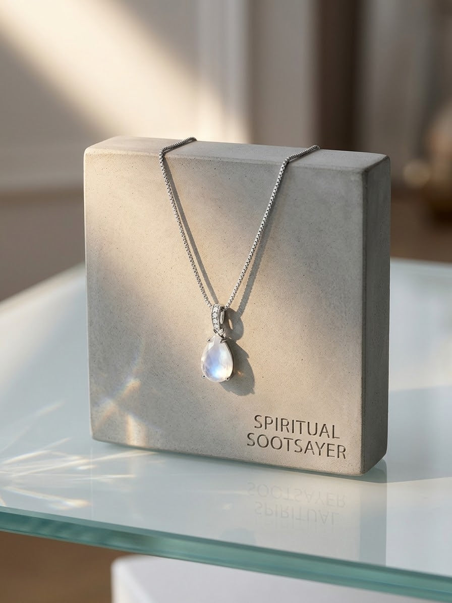 A silver-toned teardrop pendant necklace with a milky white stone, draped over a textured beige display box printed with the brand name 'SPIRITUAL SOOTSAYER'. The box sits on a glass table in a softly lit, warm-toned interior setting.