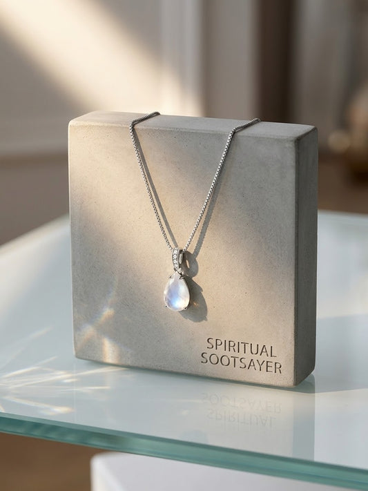 A silver-toned teardrop pendant necklace with a milky white stone, draped over a textured beige display box printed with the brand name 'SPIRITUAL SOOTSAYER'. The box sits on a glass table in a softly lit, warm-toned interior setting.