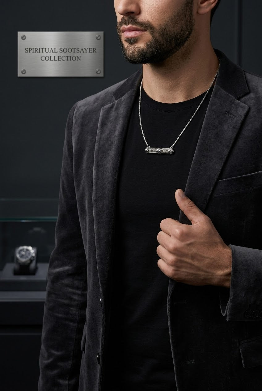 A man wearing a dark charcoal gray suede blazer over a black t-shirt, showcasing a silver bar necklace with a rectangular logo plate. A silver plaque in the top left corner reads 'SPIRITUAL SOOTSAVER COLLECTION'.