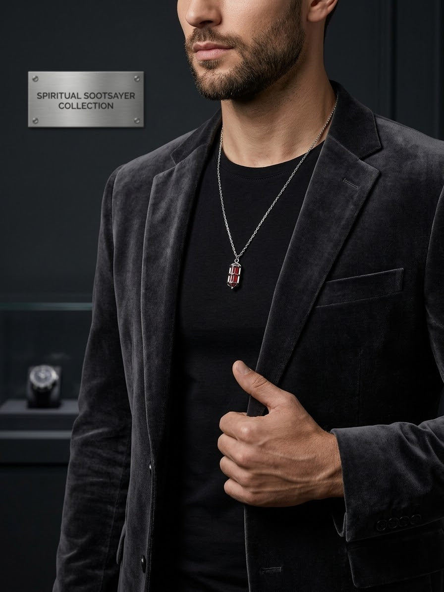 A man wearing a dark charcoal velvet blazer over a black t-shirt, accessorized with a silver chain necklace featuring a red and silver pendant. The background is a dark, elegant interior with a plaque that reads 'SPIRITUAL SOOTSAVER COLLECTION'.