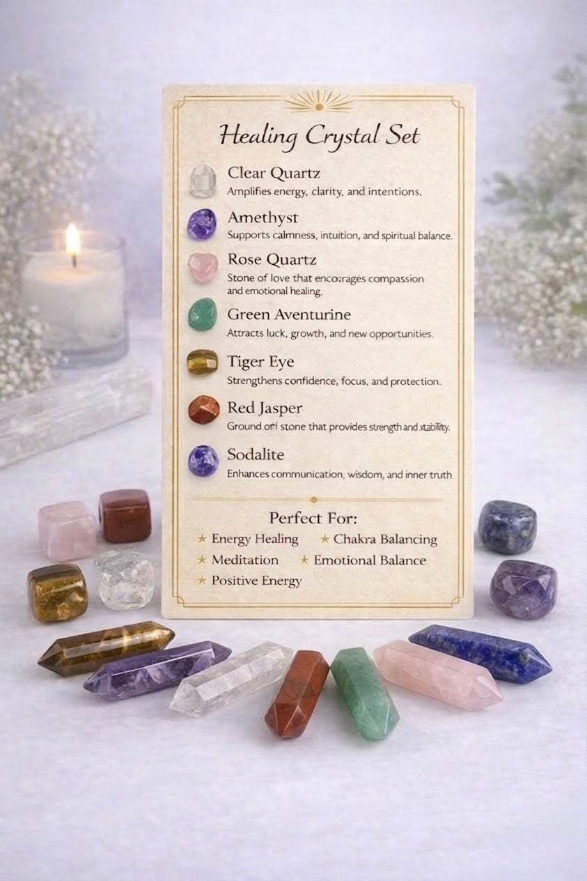 Healing crystal set with crystal information card on a light background