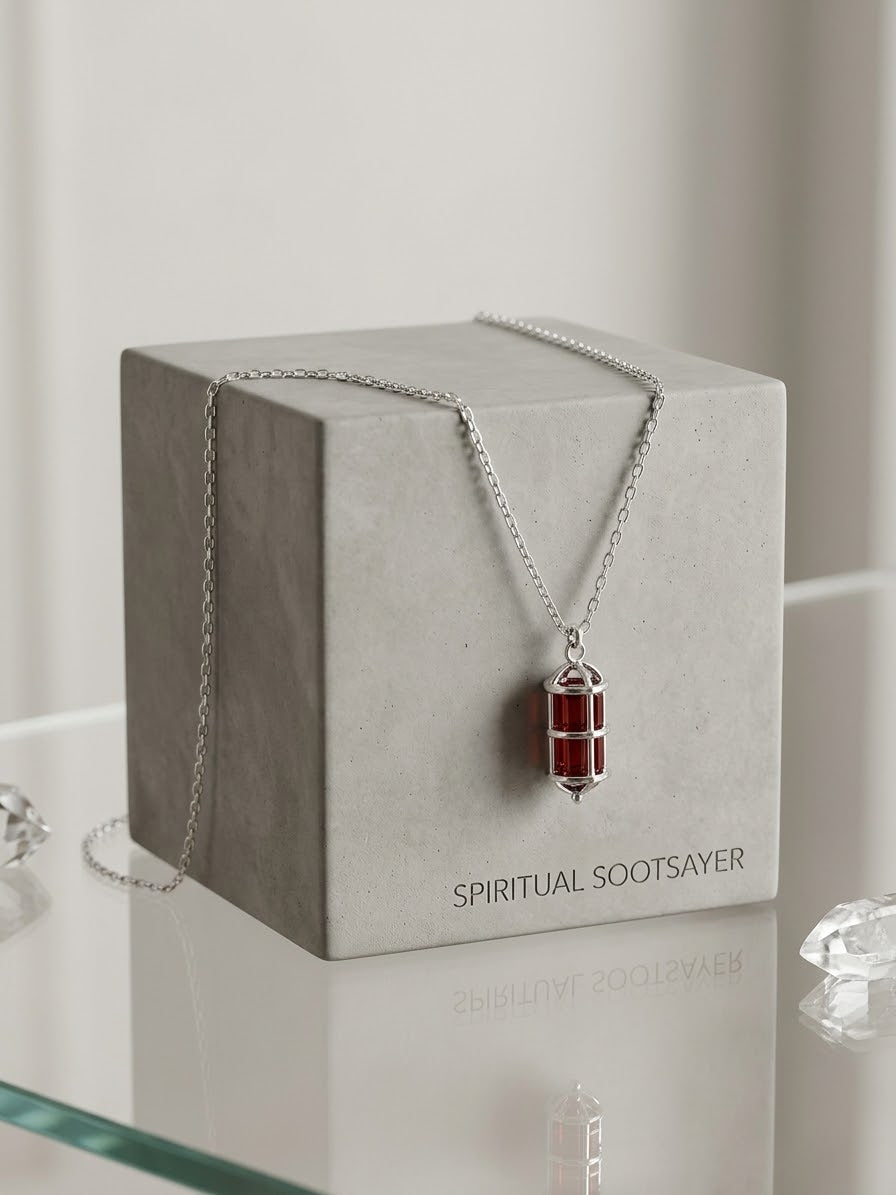 A silver-toned Spiritual Sootsayer necklace with a red cylindrical pendant, draped over a light gray display box on a reflective glass surface.