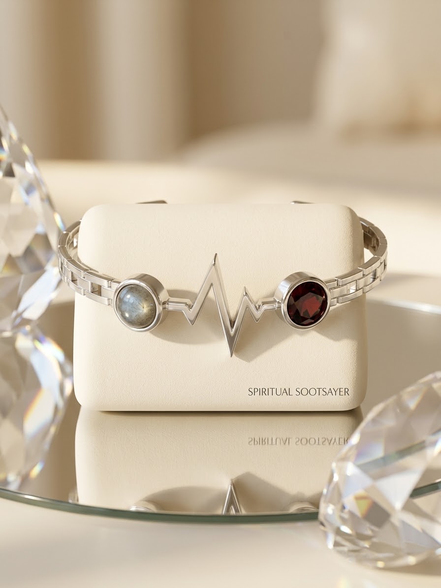A silver-toned cuff bracelet with a heartbeat line motif, one round light blue stone, and one round dark red stone, displayed on a cream-colored jewelry box labeled 'SPIRITUAL SOOTSAYER'.