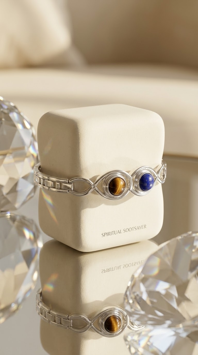 A silver chain bracelet with two oval gemstone accents, one tiger's eye and one lapis lazuli, displayed on a cream jewelry box.