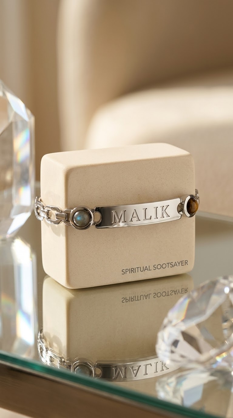 A silver-toned chain bracelet with a central engraved metal bar reading 'MALIK' and small oval stone accents, displayed on a cream jewelry box on a reflective glass surface.