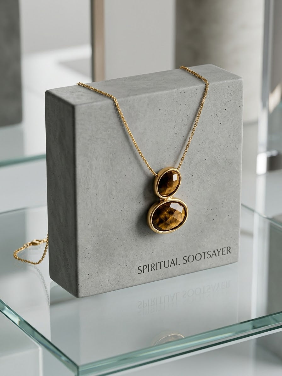 A gold pendant necklace with two stacked oval tiger's eye stones, displayed on a gray concrete jewelry box branded 'SPIRITUAL SOOTSAVER'.