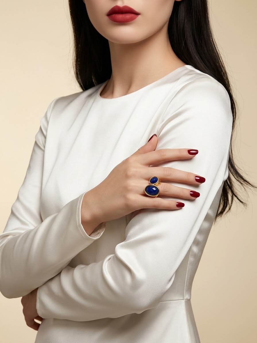 A close-up of a woman wearing a white long-sleeve top and a gold ring with two oval blue gemstones, posed against a warm beige background.