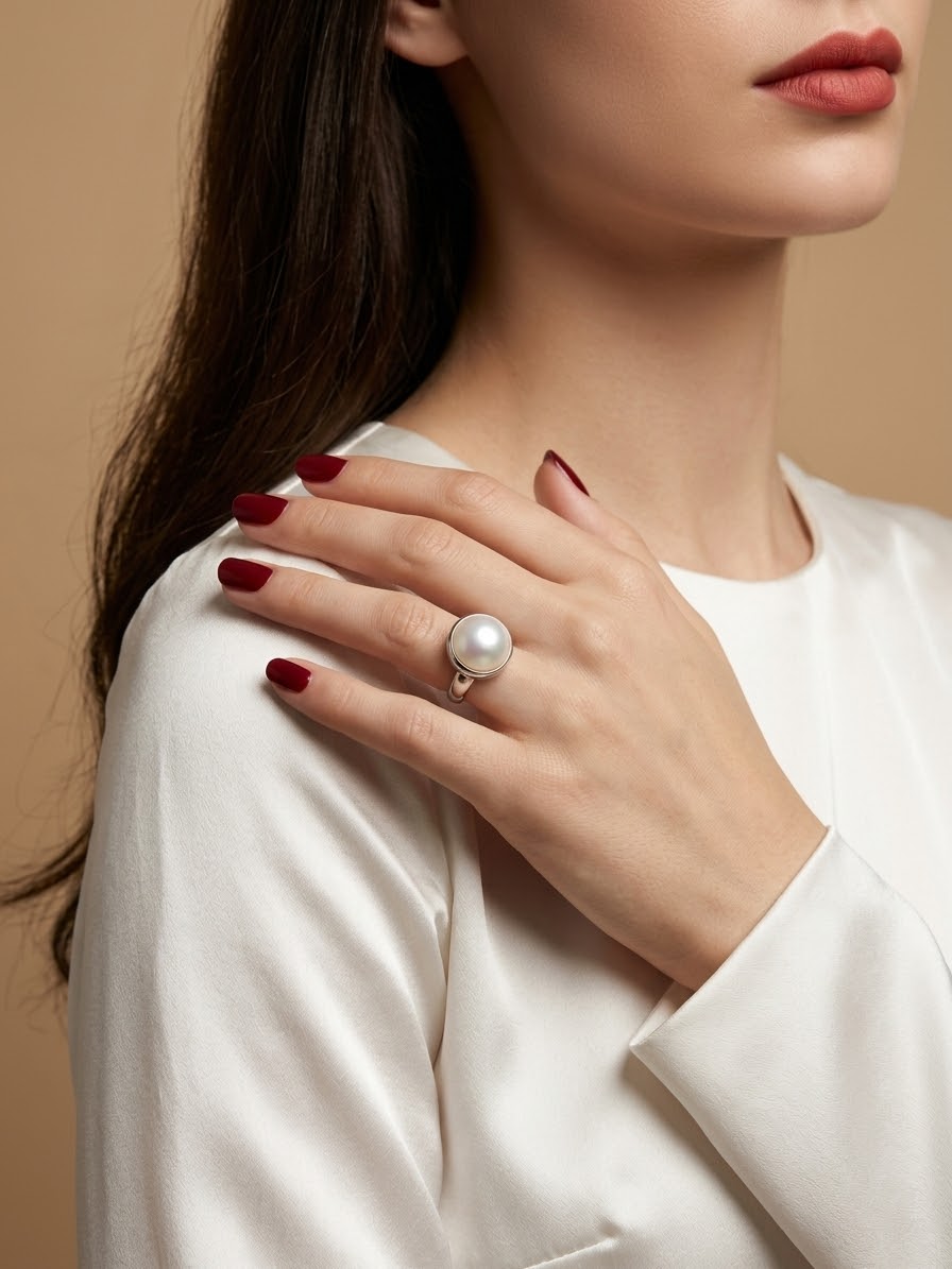 A close-up of a woman wearing a silver ring with a large white pearl, resting her hand on her shoulder. She is wearing a white satin blouse and has dark red manicured nails, set against a solid beige background.