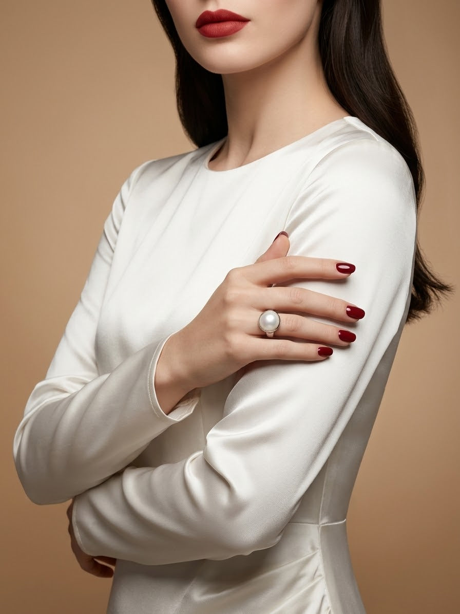 A close-up of a woman wearing a white satin long-sleeve top and a pearl ring, posed against a solid beige background.