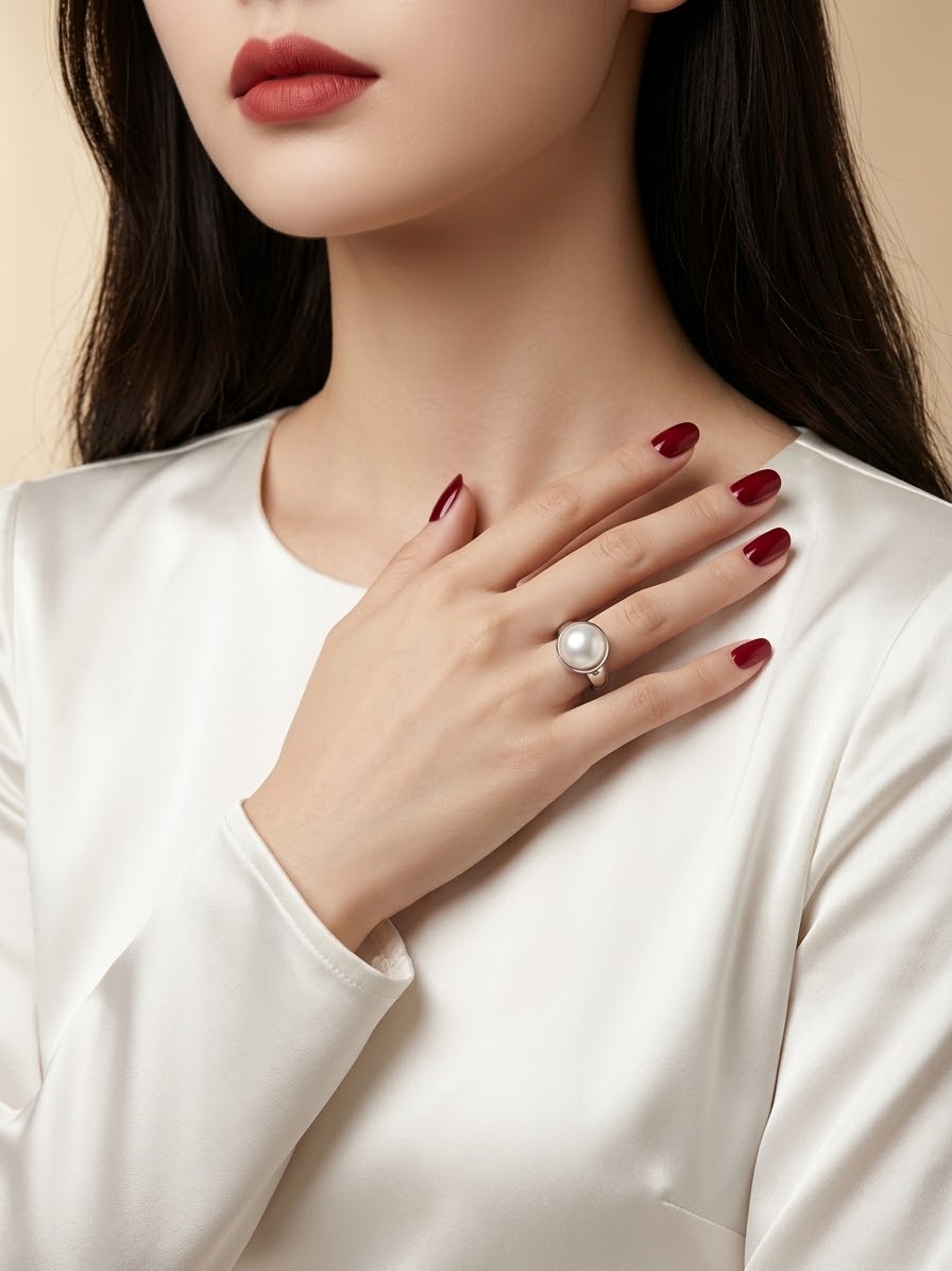 A close-up of a woman wearing a silver ring with a large white pearl on her finger, styled with dark red manicured nails and a white satin top against a soft beige background.