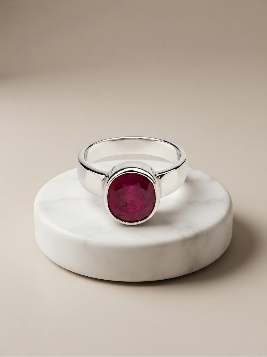 A silver ring with a large oval deep red gemstone, displayed on a round white marble riser against a warm beige background.