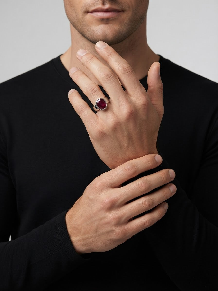 A close-up of a man wearing a black long-sleeve shirt, showcasing a silver ring with a round red gemstone on his ring finger.