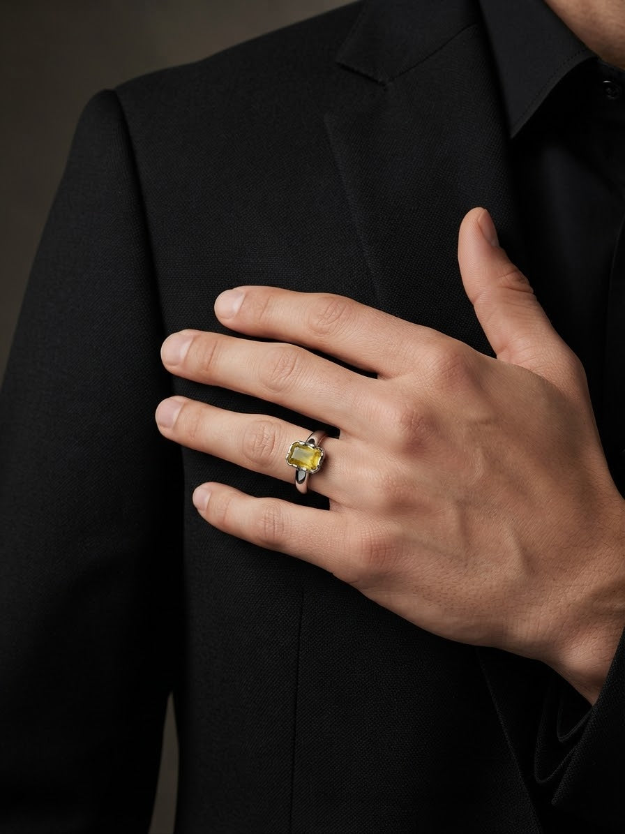 A close-up of a person's hand resting on their black suit jacket, wearing a silver-toned ring with a rectangular yellow gemstone.