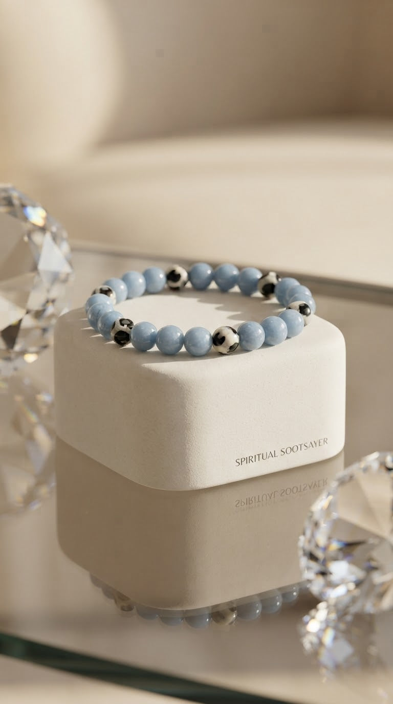 A beaded stretch bracelet in light blue, white, and black, displayed on a white square stand. The stand is set on a reflective glass surface with decorative clear crystal props in the foreground and a soft, warm beige background.