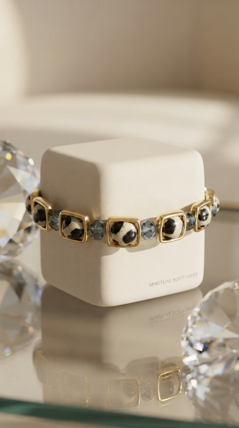 A gold-toned beaded bracelet with black and white patterned round beads, displayed on a white jewelry box.