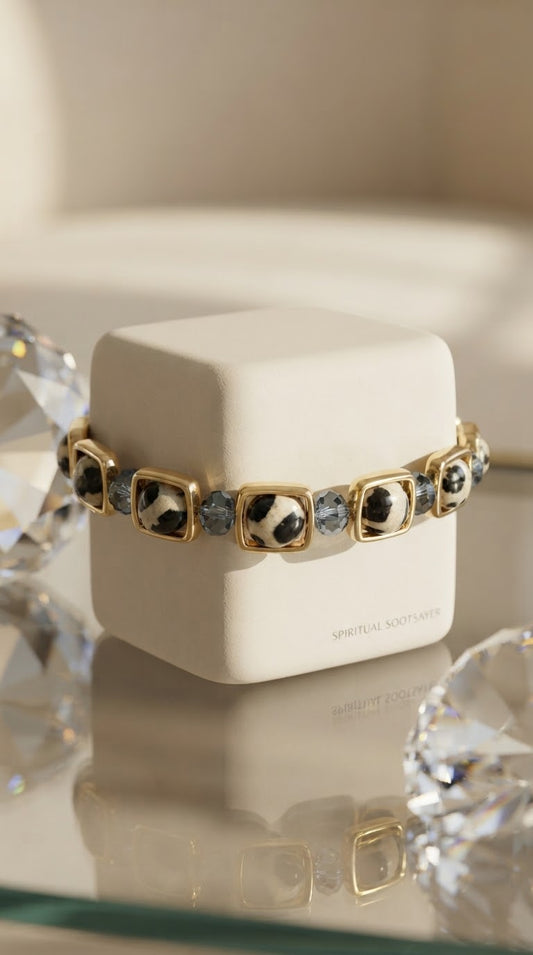 A gold-toned beaded bracelet with black and white patterned round beads, displayed on a white jewelry box.