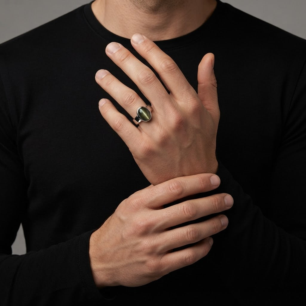 A close-up of a person wearing a silver ring with a polished green oval stone, styled with a black long-sleeve shirt.