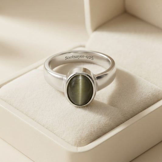A sterling silver ring with an oval green cat's eye stone, displayed inside a cream-colored jewelry box. The inside of the band is engraved with 'Sootsayer-025'.