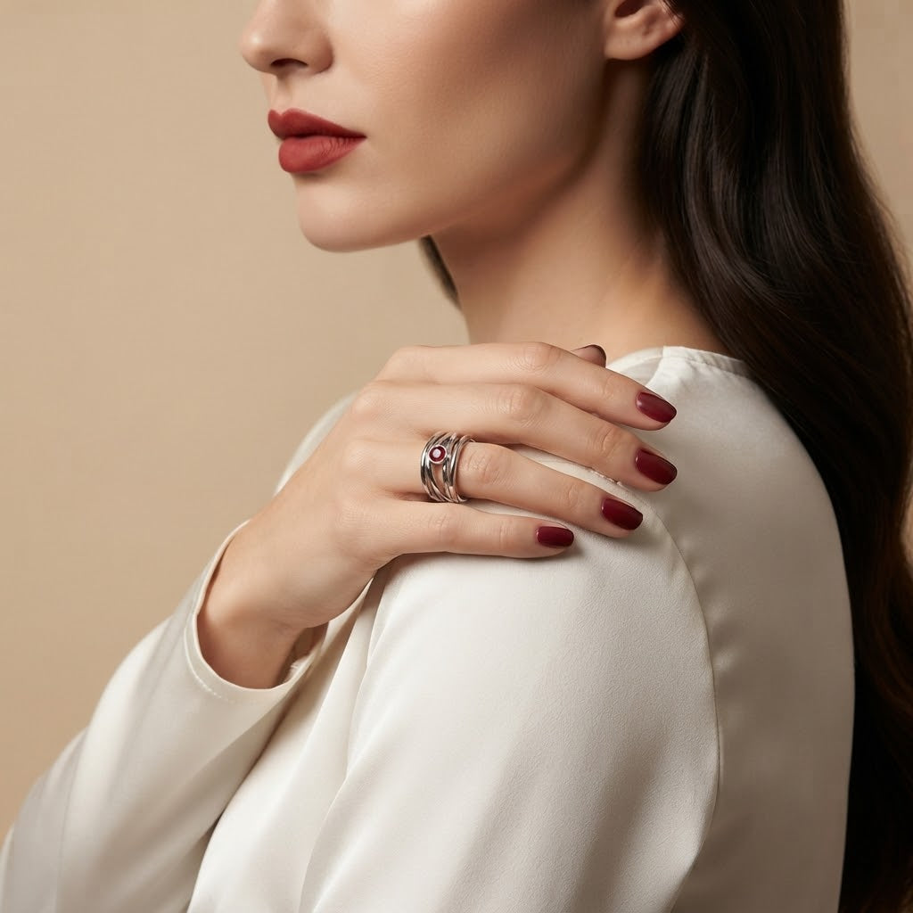 A close-up lifestyle shot of a woman wearing a silver-toned ring with a central pink gemstone on her finger, dressed in a white satin blouse against a warm beige background.