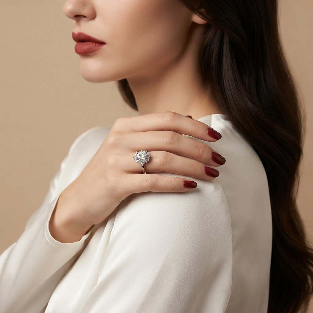 A close-up lifestyle shot of a woman wearing a round brilliant-cut diamond halo ring on her ring finger, styled with a white satin blouse against a warm beige background.