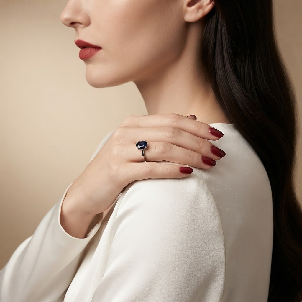 A close-up lifestyle shot of a woman wearing a silver ring with a dark blue oval gemstone on her finger, dressed in a white satin top against a warm beige background.