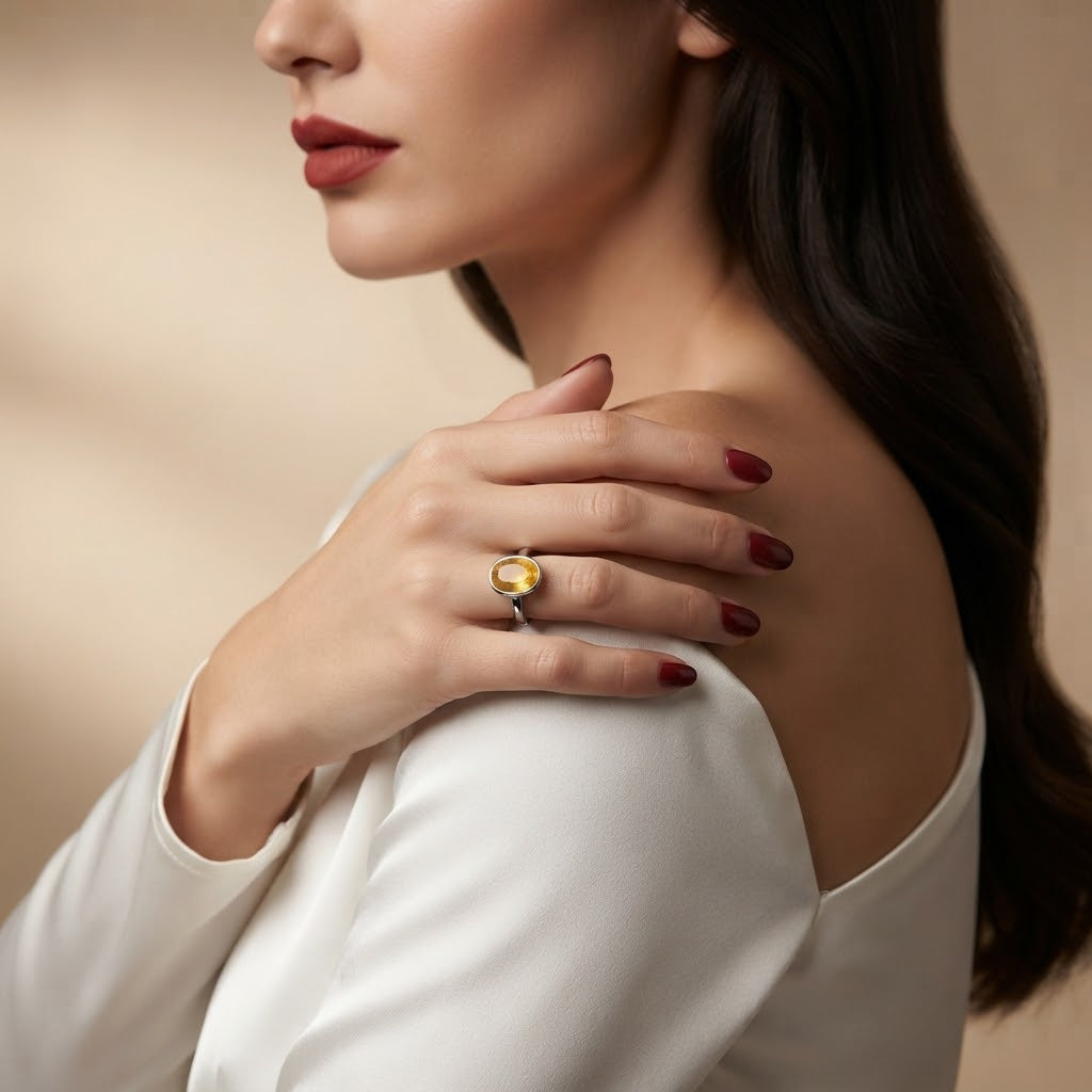A close-up lifestyle shot of a woman wearing a silver ring with a bezel-set round yellow gemstone on her ring finger, posed against a soft beige background.