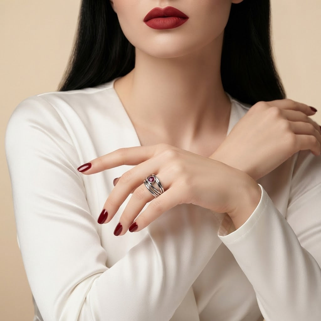 A close-up of a woman wearing a silver ring with a purple heart-shaped gemstone, styled with a stack of silver bands on her finger. She is wearing a white long-sleeve top and has dark red lipstick and nail polish against a warm beige background.