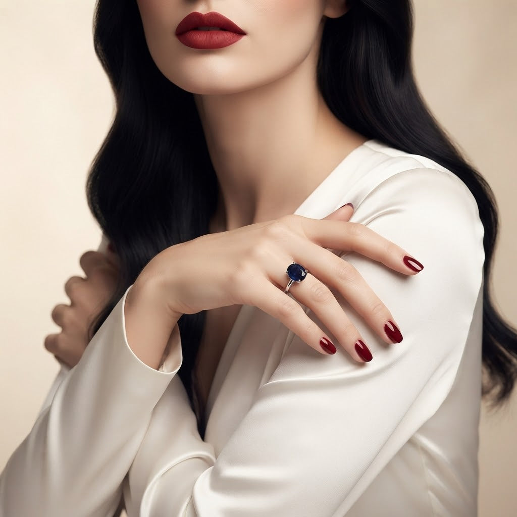 A close-up of a woman wearing a silver ring with a deep blue oval gemstone, styled with dark red lipstick and red manicured nails, wearing a white satin blouse.