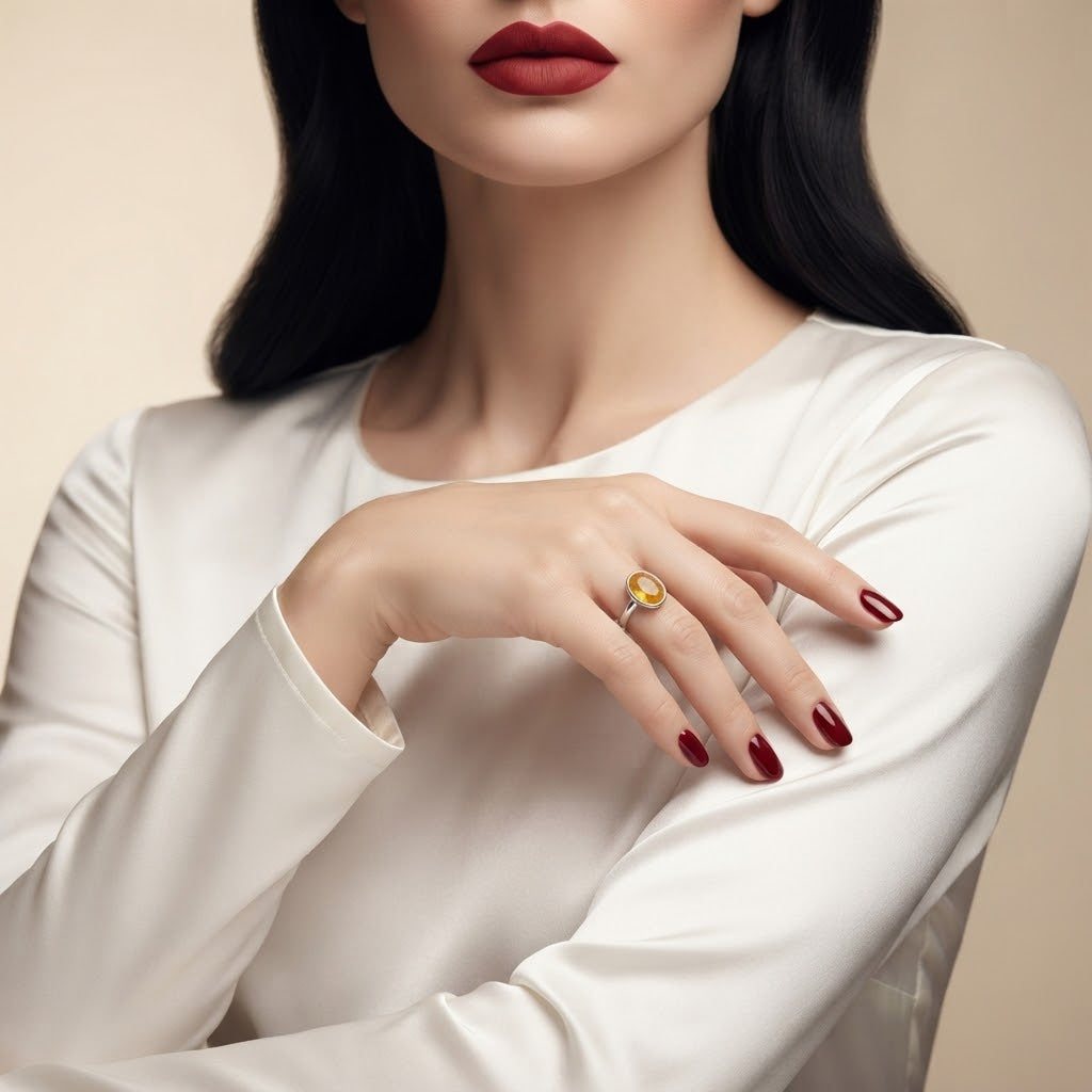 A close-up of a woman wearing a silver ring with a round yellow gemstone, styled with a white long-sleeve top and dark red lipstick.