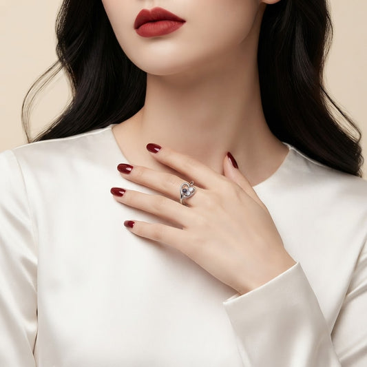 A close-up of a woman wearing a silver ring with a heart-shaped clear gemstone on her finger, styled with dark red nail polish and a white satin top against a soft beige background.