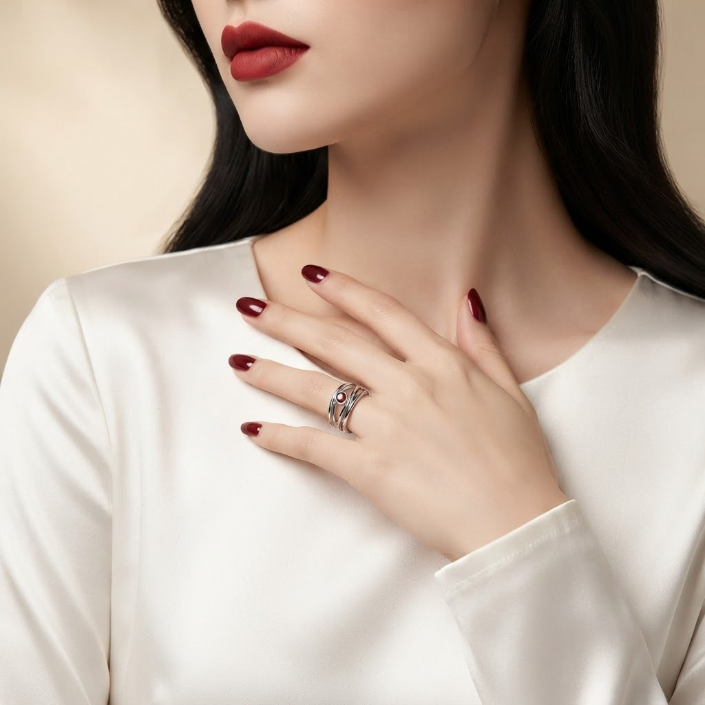 A close-up lifestyle shot of a model wearing a silver ring with small red and blue stones on her finger, dressed in a white satin top against a soft beige background.