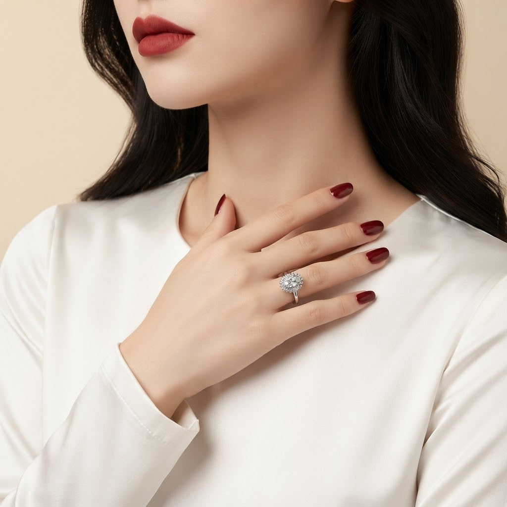 A close-up lifestyle shot of a woman wearing a silver halo ring with a clear center stone and surrounding cluster of small clear stones, styled with dark red nail polish and a white top against a soft beige background.