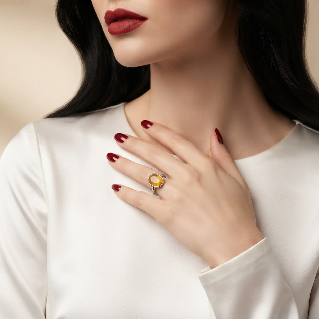 A close-up lifestyle shot of a model wearing a silver ring with a round yellow-orange stone, styled with a white satin top and dark red nail polish.