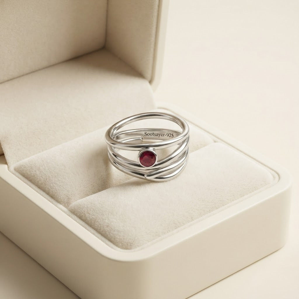 A silver wrap ring with a small round red gemstone, displayed inside an open cream-colored jewelry box.