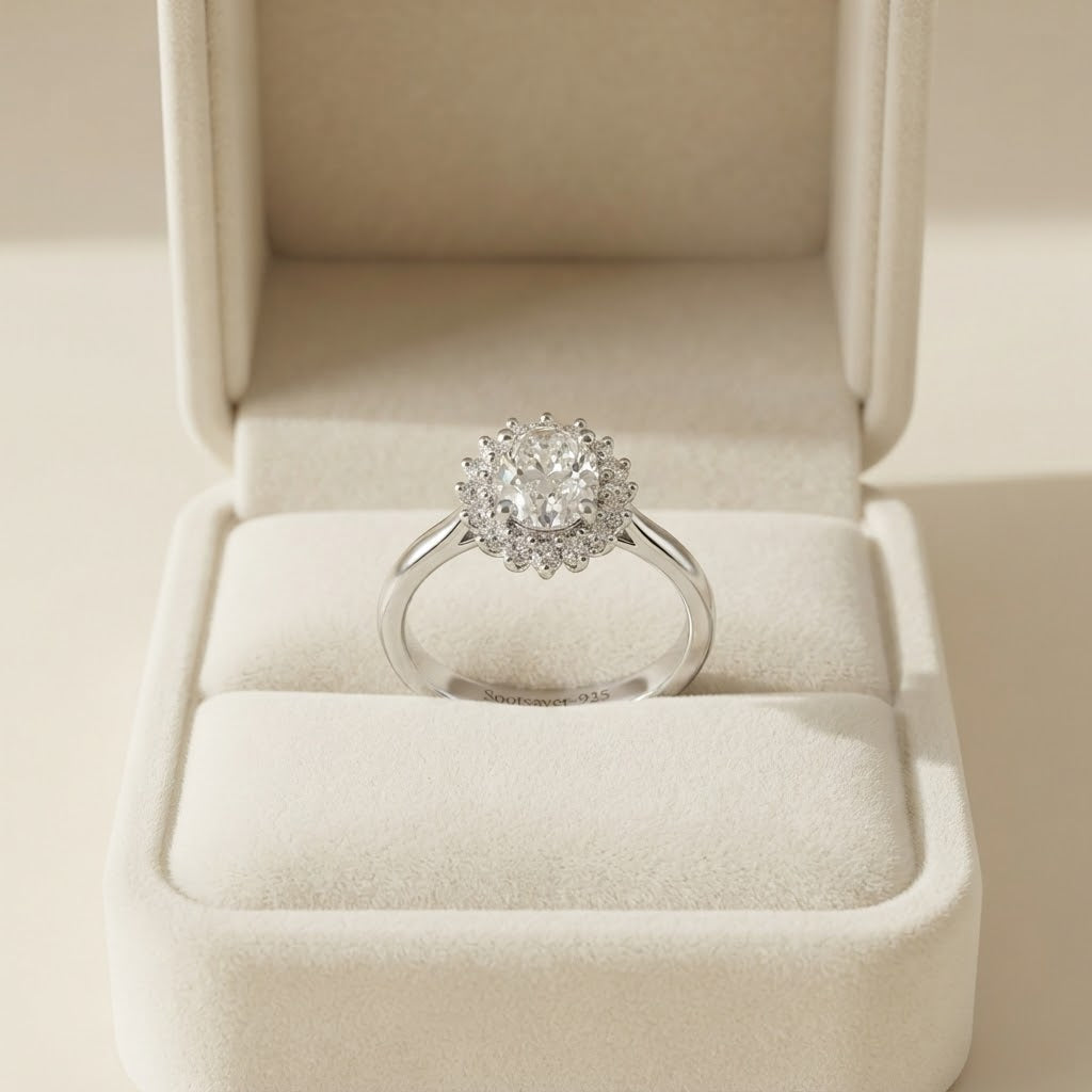 A silver halo ring with a round-cut center stone and surrounding small stones, displayed on a cream-colored velvet ring box.