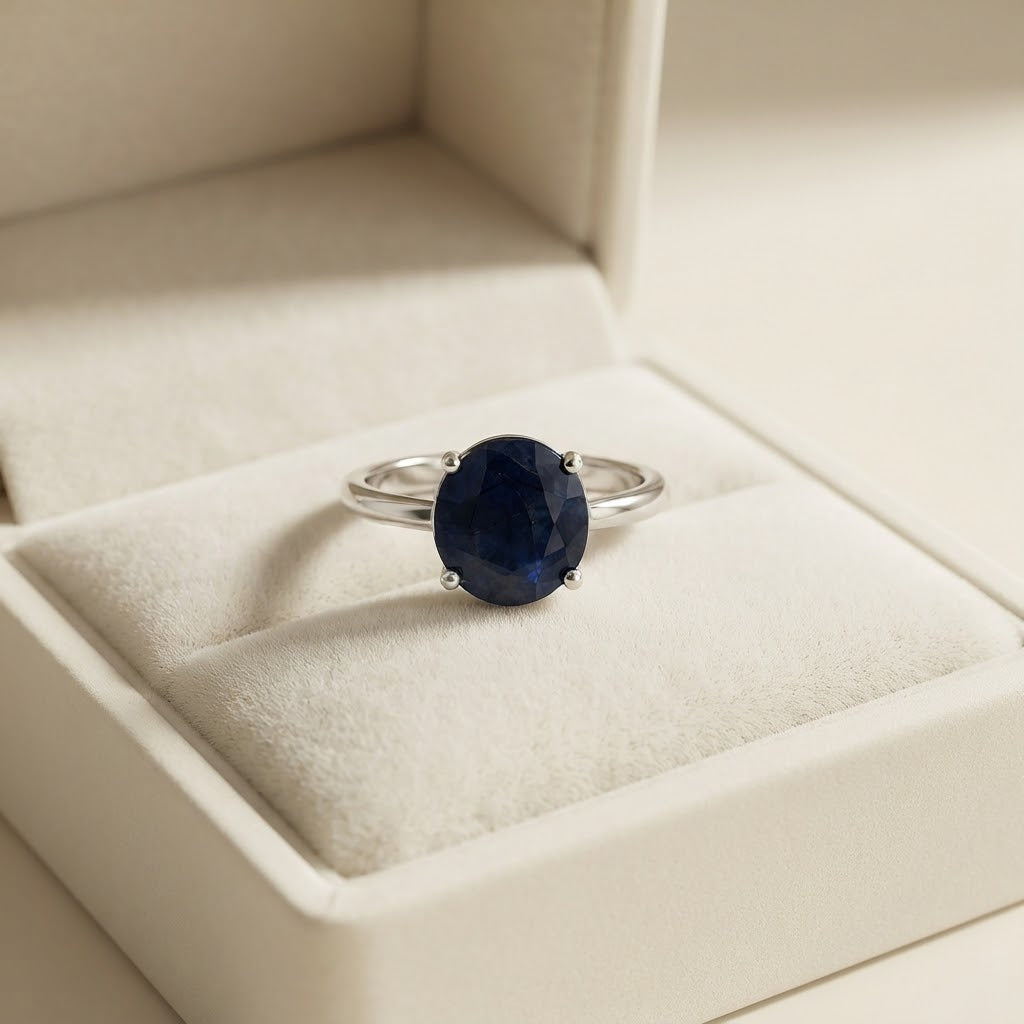 A silver ring with an oval-cut dark blue gemstone resting inside a cream-colored jewelry box.