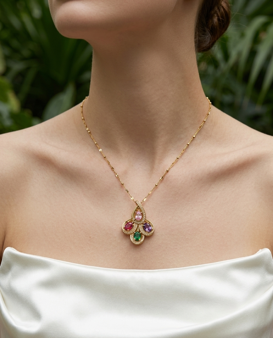Necklace with gemstones worn by a person against a blurred green background